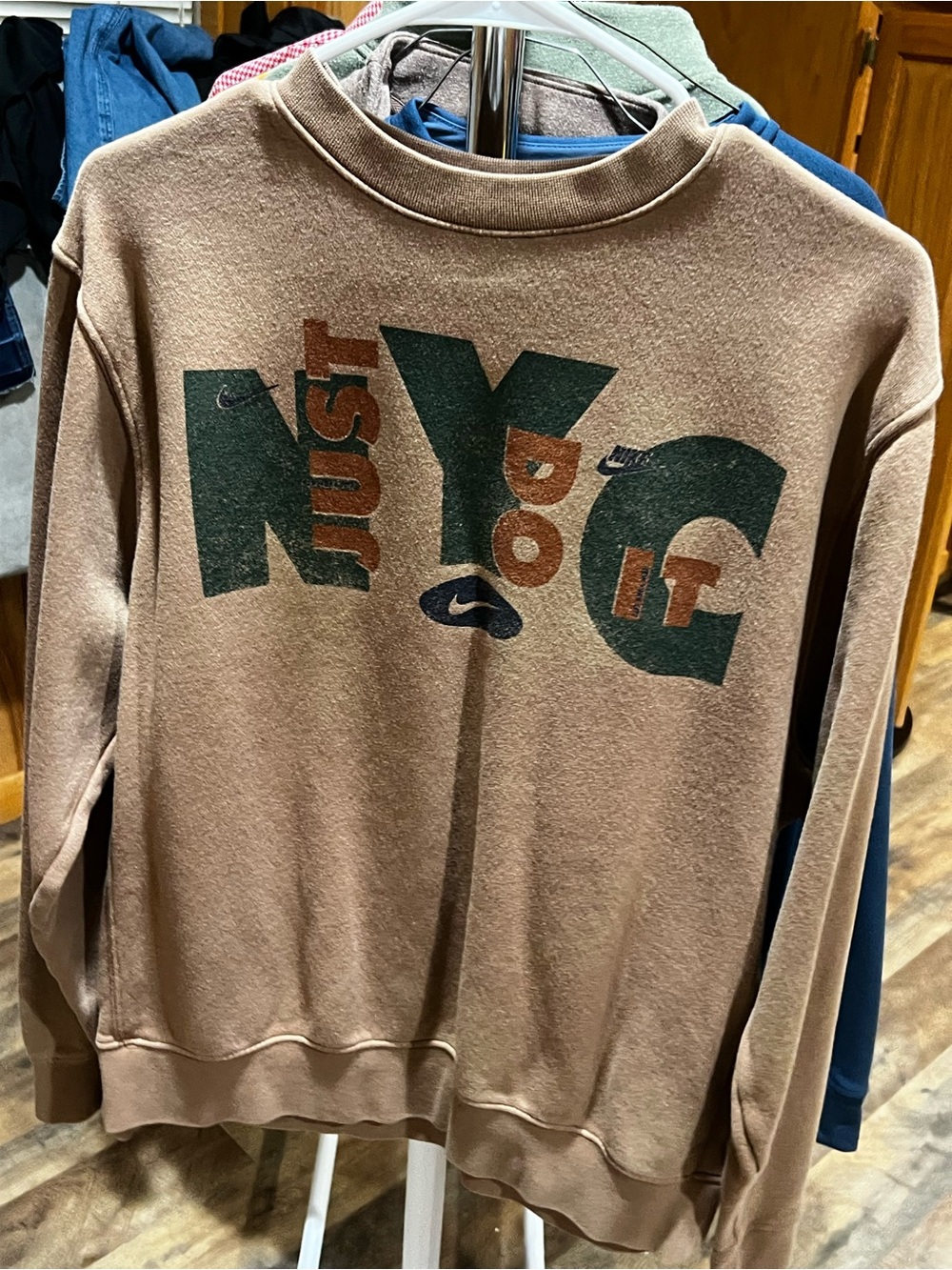 Nike Brown Crewneck Sweatshirt with Green and Brown 'Just Do It' Graphic